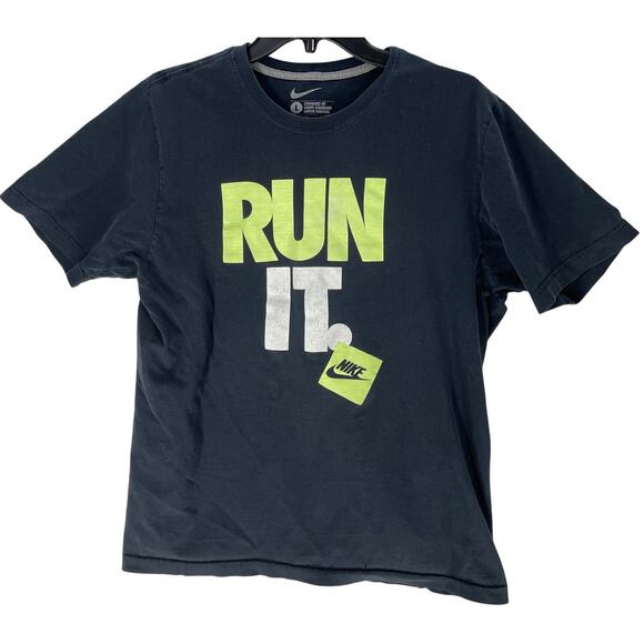 Nike Tee Shirt Size L Faded Black Yellow RUN IT 100% Cotton Short Sleeves HOLES - Picture 1 of 8